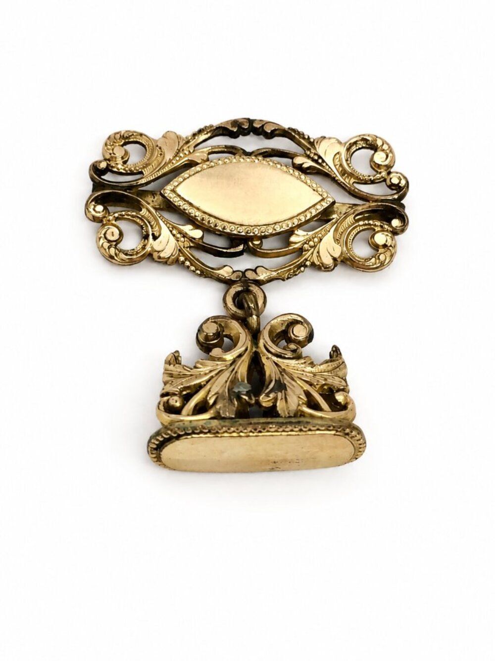 VICTORIAN WATCH FOB Antique Gold Tone Wax Seal Ornate Repousse Scrollwork